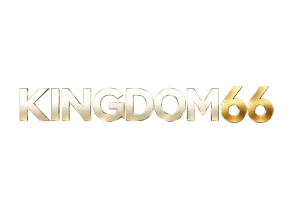 โลโก้ KINGDOM66 ตัวอักษรภาษาอังกฤษหนาสีทองสลักนูนเป็นเงาวาว คำว่า KINGDOM ไล่เฉดทองอ่อนไปทองเข้ม ส่วนเลข 66 ด้านท้ายเป็นทองสว่างเต็มตัว บนพื้นหลังโปร่งใส